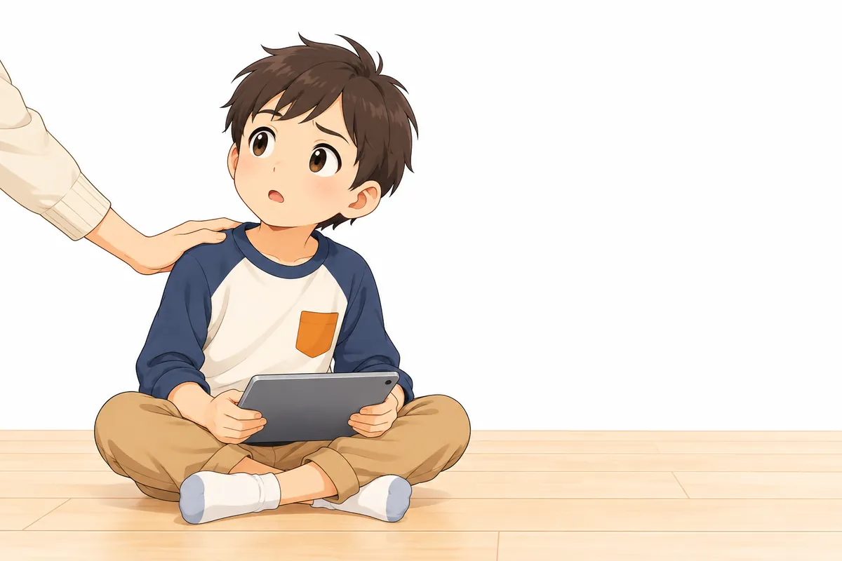 タブレットを持ちながら顔を上げて考えこむ子どもと、肩にそっと手を置く親