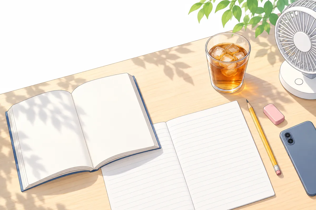 夏の日差しが差しこむ机の上。開いた本、白紙のノート、鉛筆、麦茶、扇風機、伏せたスマートフォン