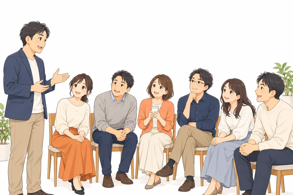 明るい部屋で椅子を輪にして座る保護者たちと、その前で話す講師