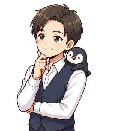 考えている四ヶ所伸一と、肩に乗ったペンギンのイラスト