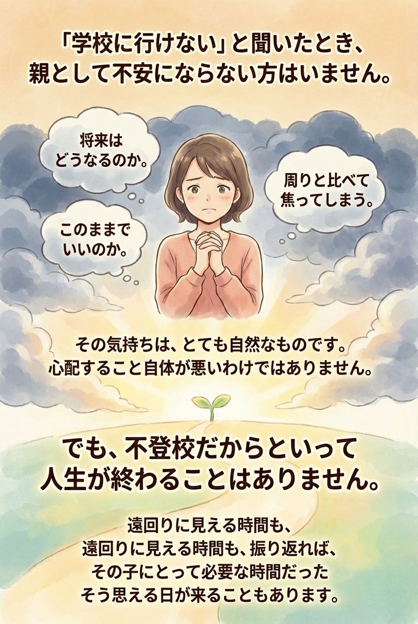 「学校に行けない」と聞いたとき、親として不安にならない方はいません。将来はどうなるのか、このままでいいのか、周りと比べて焦ってしまう。その気持ちは自然なものです。心配すること自体が悪いわけではありません。でも、不登校だからといって人生が終わることはありません。遠回りに見える時間も、振り返れば、その子にとって必要な時間だったと思える日が来ることもあります。不登校支援 フォースプレイス