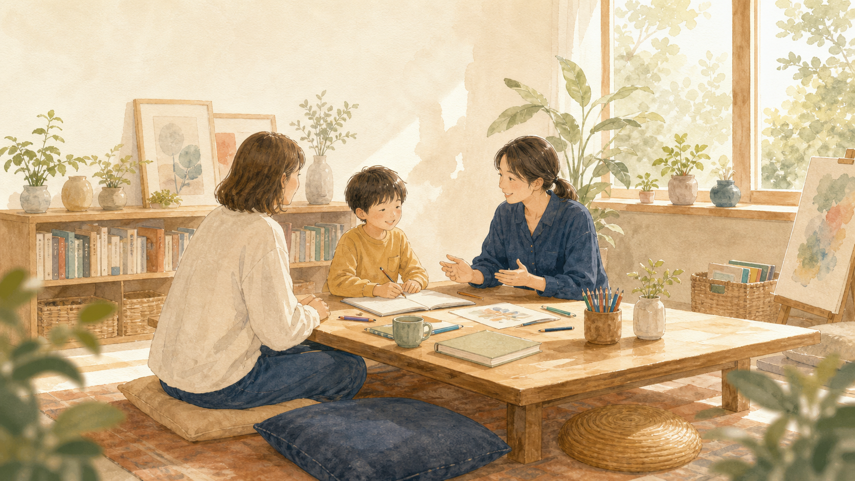 不登校支援と多様な学びの道を表す親子相談のイラスト