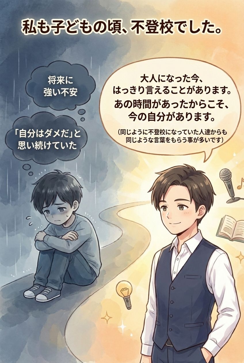 私も子どもの頃、不登校でした。将来に強い不安、自分はダメだと思い続けていた。でも大人になった今、はっきり言えることがあります。あの時間があったからこそ、今の自分があります。同じように不登校になっていた人達からも、同じような言葉をもらうことが多いです。四ヶ所伸一 不登校経験 フォースプレイス