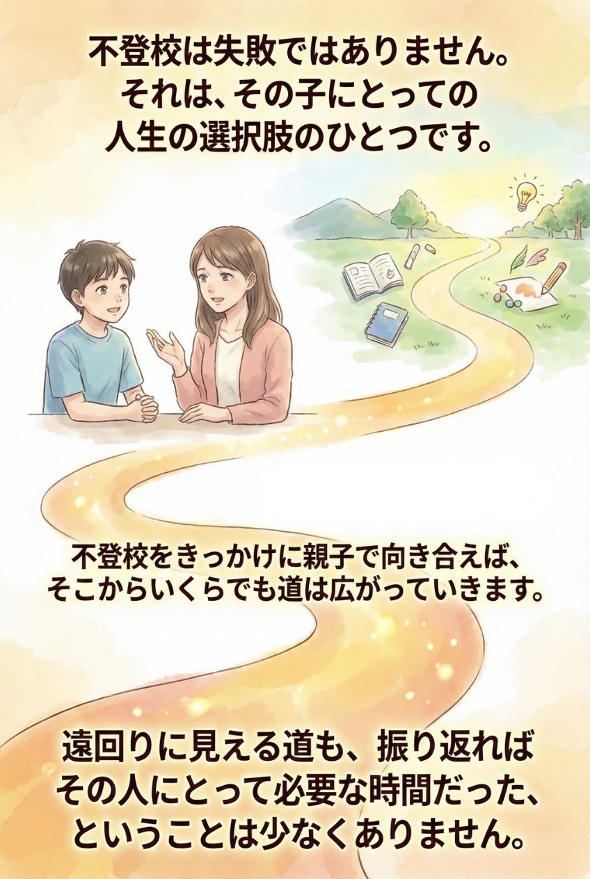 不登校は失敗ではありません。それは、その子にとっての人生の選択肢のひとつです。不登校をきっかけに親子で向き合えば、そこからいくらでも道は広がっていきます。遠回りに見える道も、振り返ればその人にとって必要な時間だったということは少なくありません。不登校 選択肢 人生