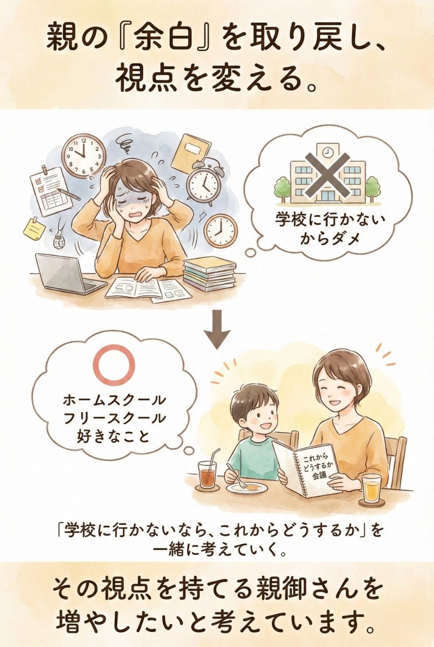 親の『余白』を取り戻し、視点を変える。学校に行かないからダメという考えから、ホームスクール・フリースクール・好きなこと、という選択肢へ。学校に行かないなら、これからどうするかを一緒に考えていく。その視点を持てる親御さんを増やしたいと考えています。不登校 視点 余白 親