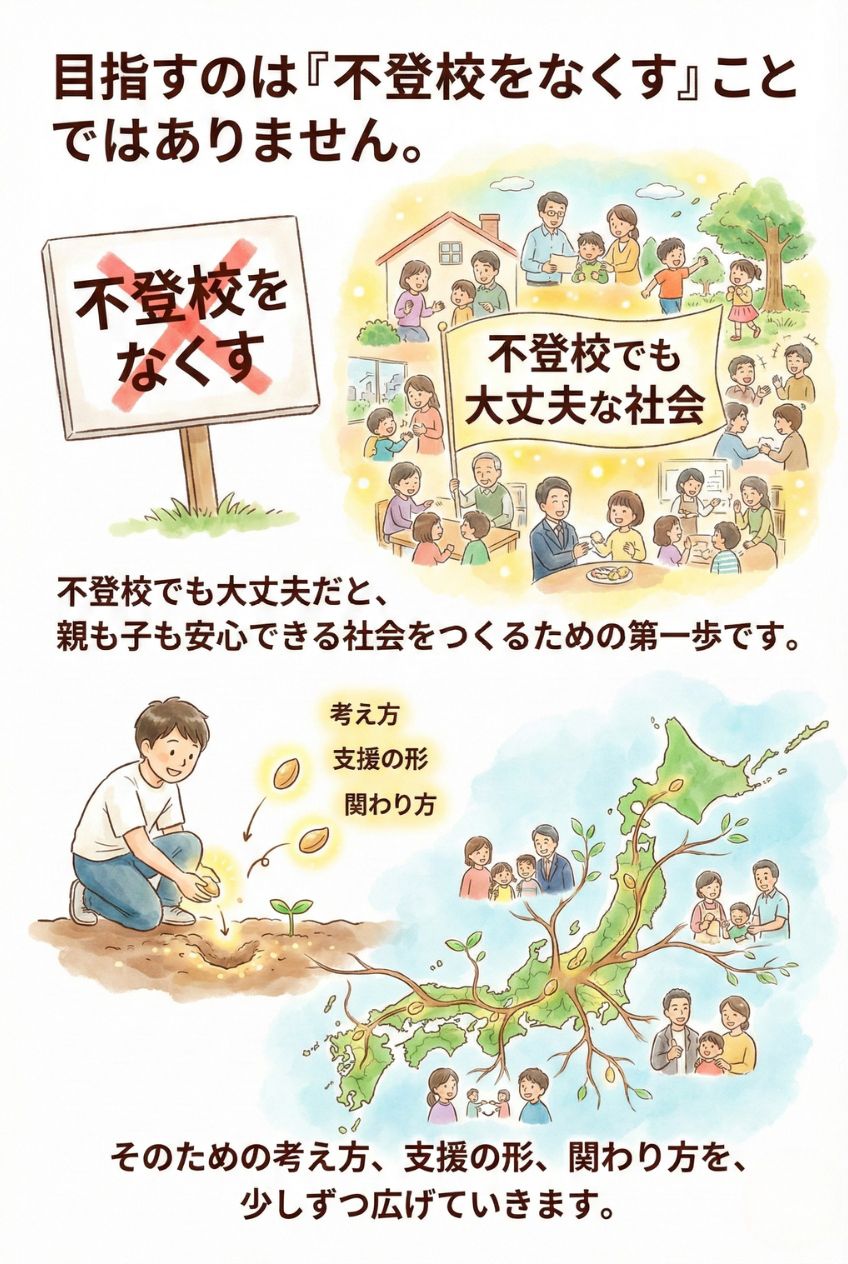 目指すのは、『不登校をなくす』ことではありません。不登校でも大丈夫だと、親も子も安心できる社会をつくるための第一歩です。そのための考え方、支援の形、関わり方を、少しずつ広げていきます。フォースプレイス 不登校 社会 支援
