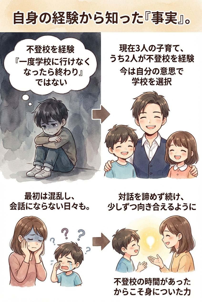 自身の経験から知った『事実』。不登校を経験し、一度学校に行けなくなったら終わり、ではない。現在3人の子育て、うち2人が不登校を経験。今は自分の意思で学校を選択。最初は混乱し会話にならない日々も、対話を諦めず続け、少しずつ向き合えるように。不登校の時間があったからこそ身についた力。不登校 体験談 親