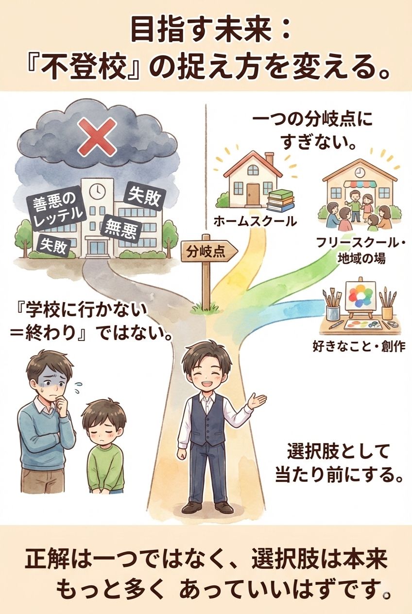 目指す未来、不登校の捉え方を変える。一つの分岐点にすぎない。ホームスクール、フリースクール・地域の場、好きなこと・創作。学校に行かない＝終わりではない。選択肢として当たり前にする。正解は一つではなく、選択肢は本来もっと多くあっていいはずです。不登校 未来 選択肢