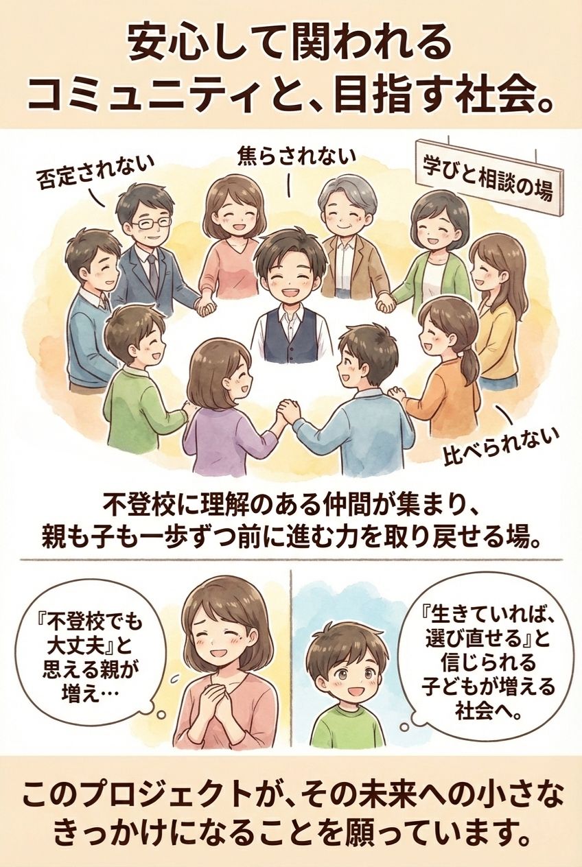 安心して関われるコミュニティと、目指す社会。否定されない、焦らされない、比べられない、学びと相談の場。不登校に理解のある仲間が集まり、親も子も一歩ずつ前に進む力を取り戻せる場。『不登校でも大丈夫』と思える親が増え、『生きていれば選び直せる』と信じられる子どもが増える社会へ。不登校 コミュニティ 居場所
