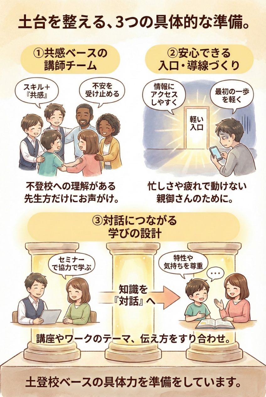 土台を整える、3つの具体的な準備。①共感ベースの講師チーム：スキル＋共感、不安を受け止める。不登校への理解がある先生方だけにお声がけ。②安心できる入口・導線づくり：情報にアクセスしやすく、最初の一歩を軽く。忙しさや疲れで動けない親御さんのために。③対話につながる学びの設計：セミナーで協力して学び、知識を『対話』へ。特性や気持ちを尊重。不登校支援 チーム 専門家
