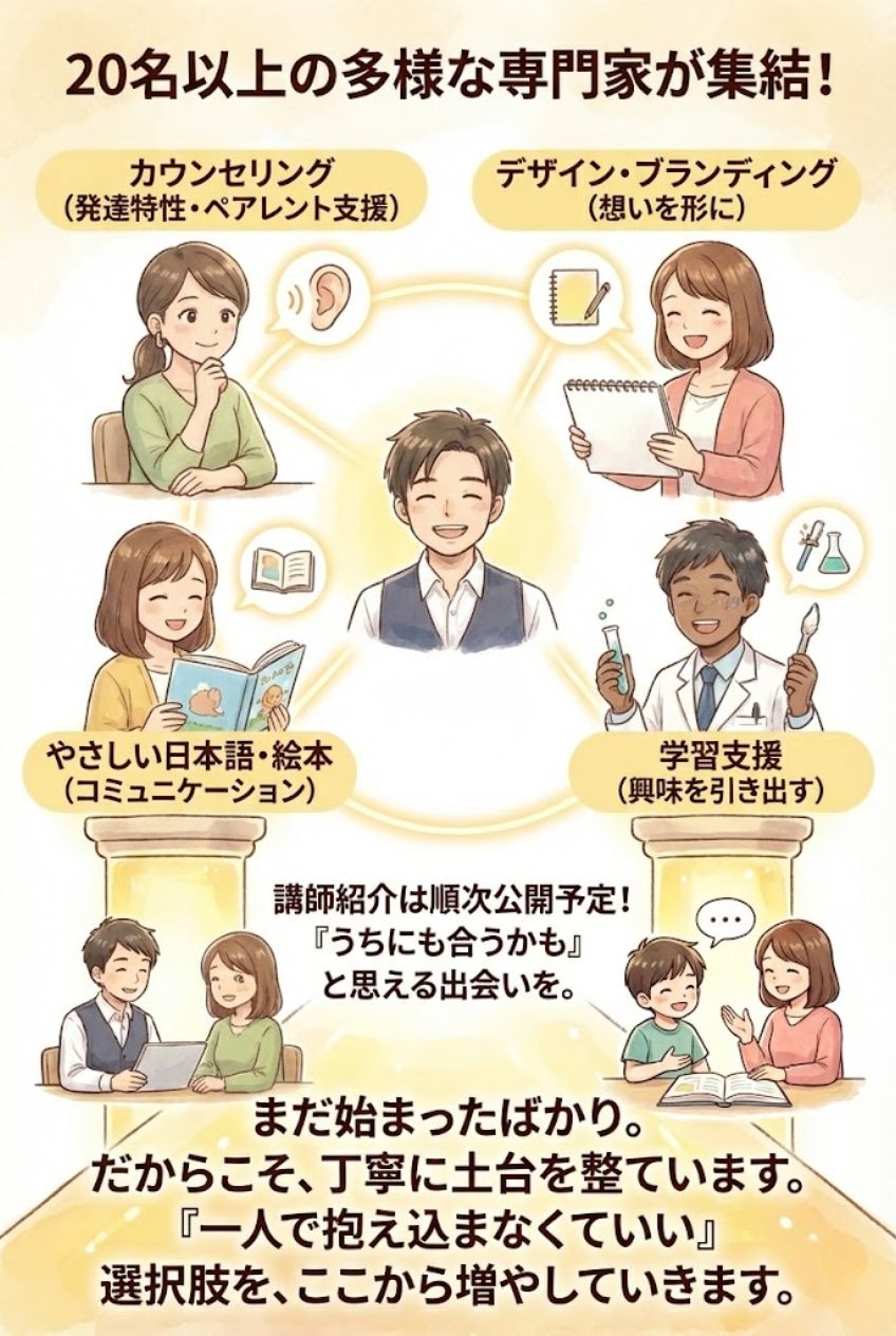 30名以上の多様な専門家が集結。カウンセリング（発達特性・ペアレント支援）、デザイン・ブランディング（想いを形に）、やさしい日本語・絵本（コミュニケーション）、学習支援（興味を引き出す）。講師紹介は順次公開予定。『うちにも合うかも』と思える出会いを。まだ始まったばかり。だからこそ丁寧に土台を整えています。一人で抱え込まなくていい選択肢を、ここから増やしていきます。不登校 専門家 発達特性 ペアレント支援