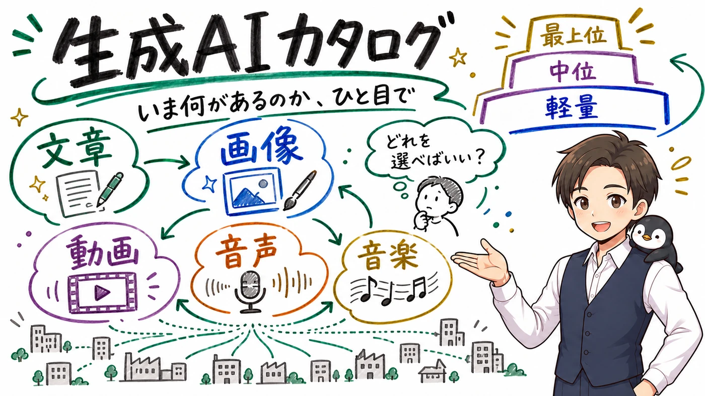 生成AIカタログ。いま何があるのか、ひと目で。文章・画像・動画・音声・音楽の5分野について、どこが作っているのか、何が得意なのか、今どれが新しいのかが分かります。