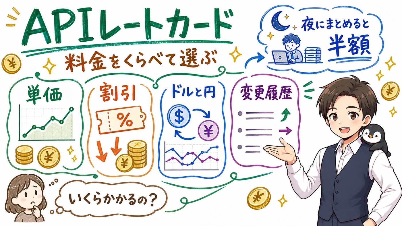 生成AI APIレートカード。料金をくらべて選ぶ。いくらかかるか、まとめると安くなるか、いつ変わったか。単価・割引・ドルと円・変更履歴をまとめています。