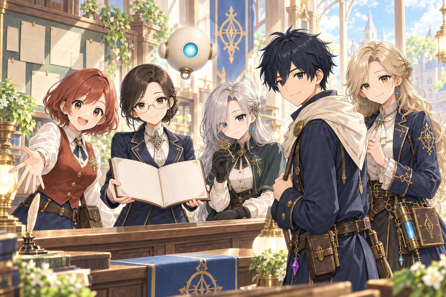 ギルドの受付で、セナ・ミレア・ユノが出迎えているイラスト