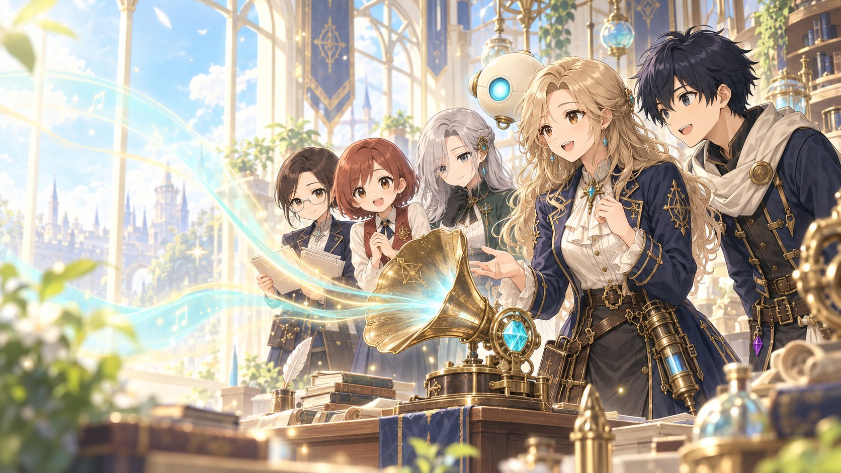 リゼットと主人公、レミルが、声を光のリボンに変える魔導具を囲んでいる工房のイラスト