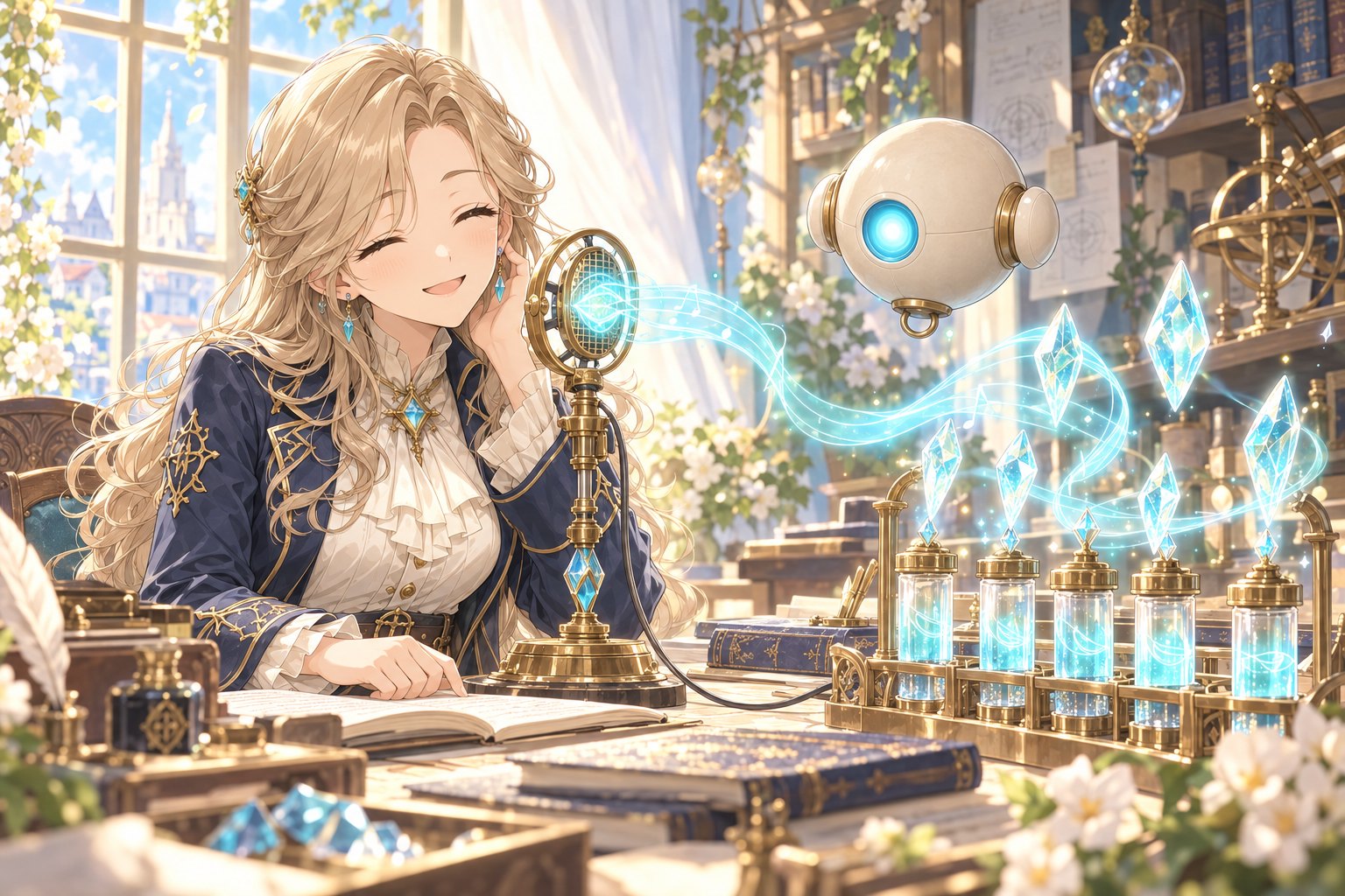 リゼットが真鍮のマイクに話しかけ、声が光になって小瓶に集まっていくイラスト
